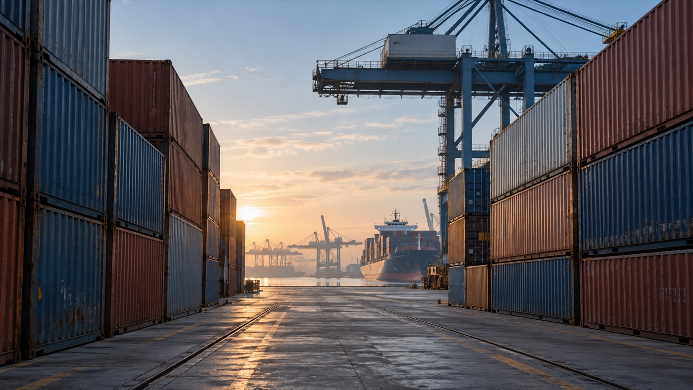 Vista conceptual de una terminal marítima de contenedores al amanecer